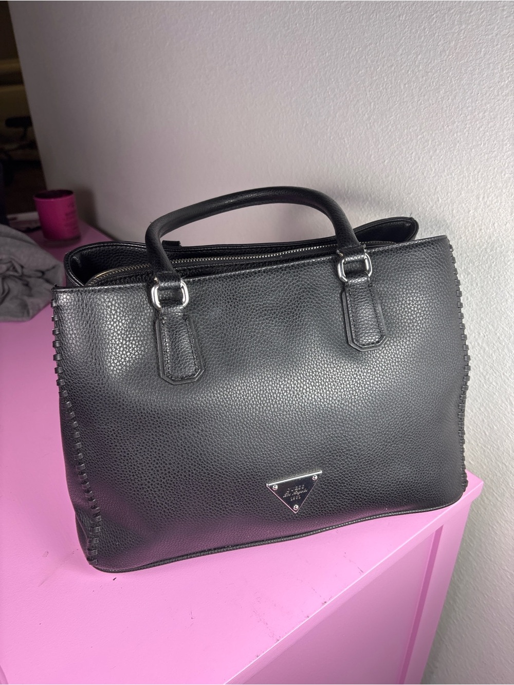 GUESS Black Pebbled Leather Tote with Silver Hardware